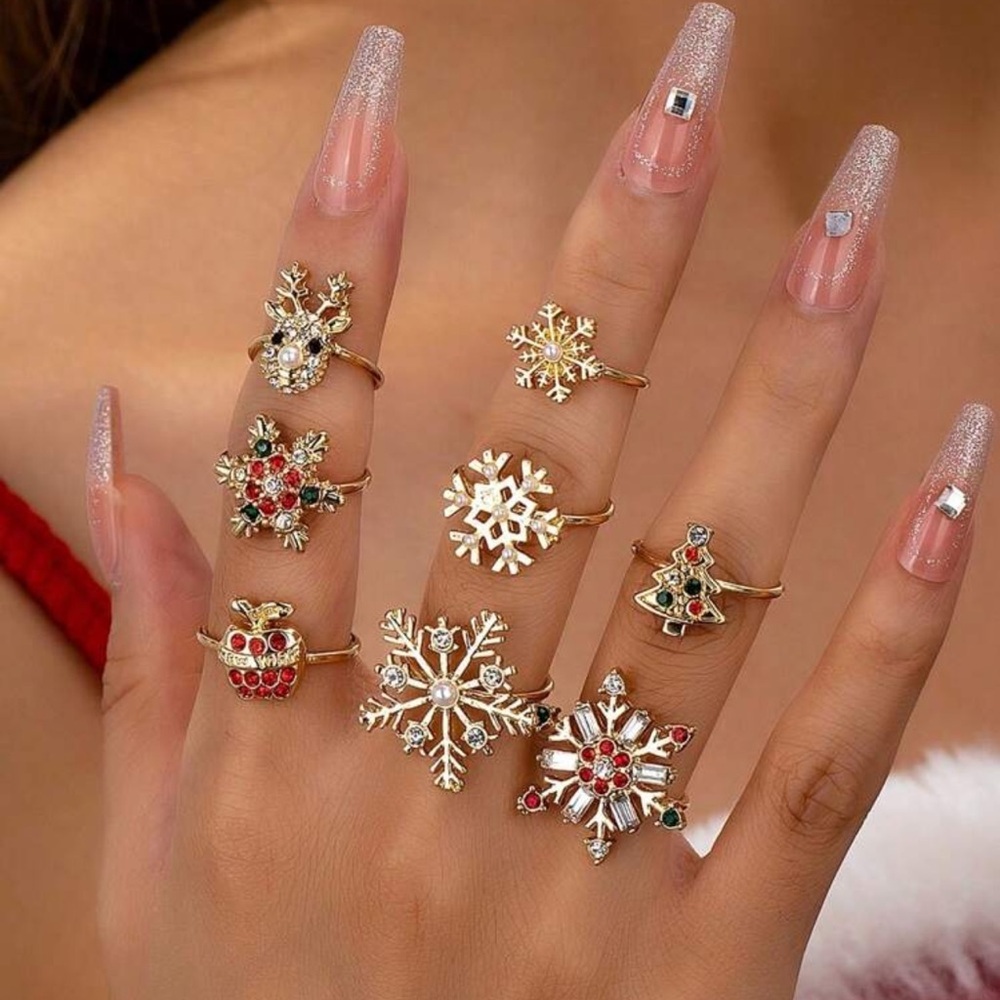 Gold Snowflake and Christmas Tree Ring Set - 8 Piece Set